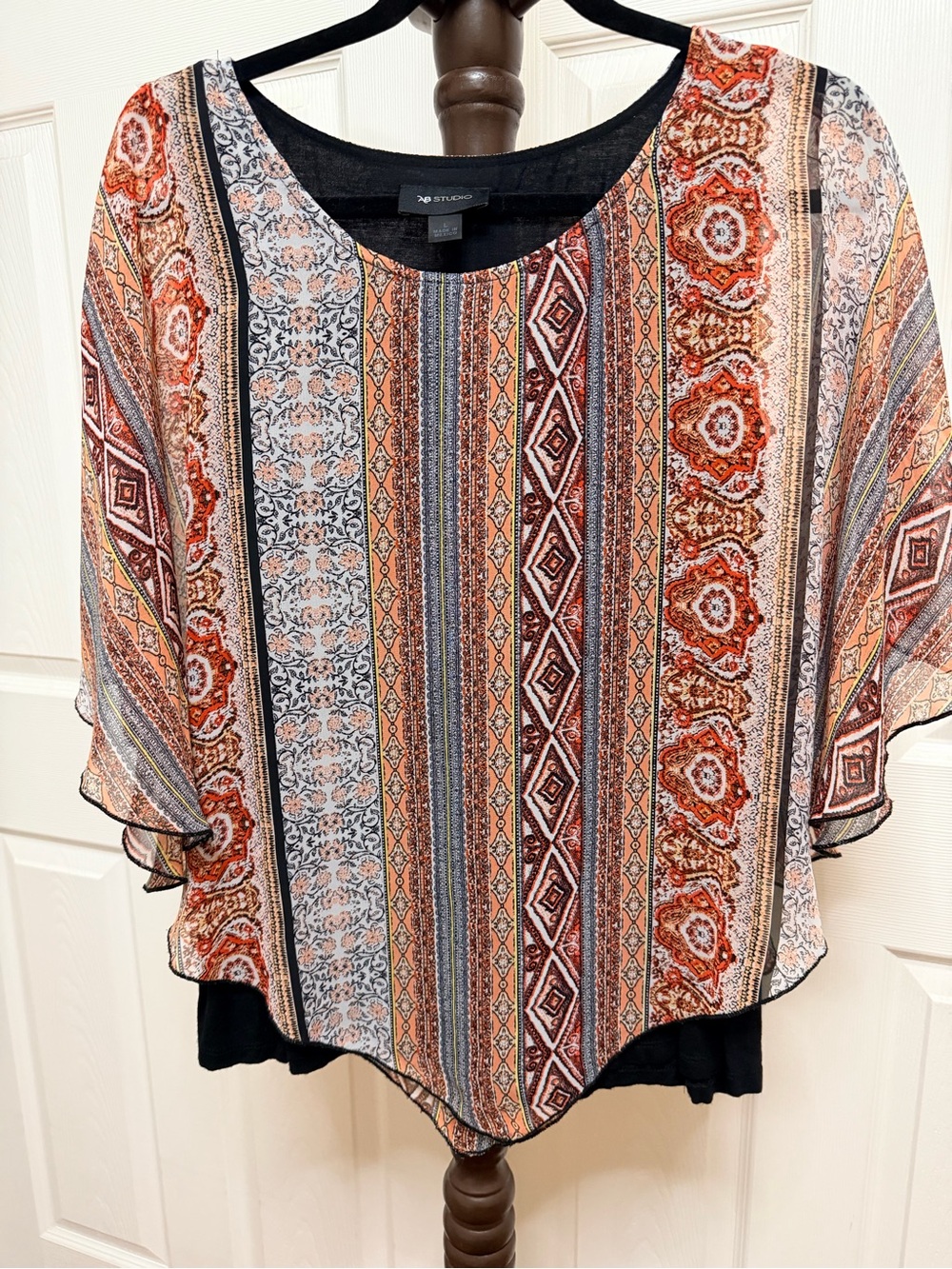 AB Studio Multicolor Printed Overlay Blouse - Orange/Black/Cream